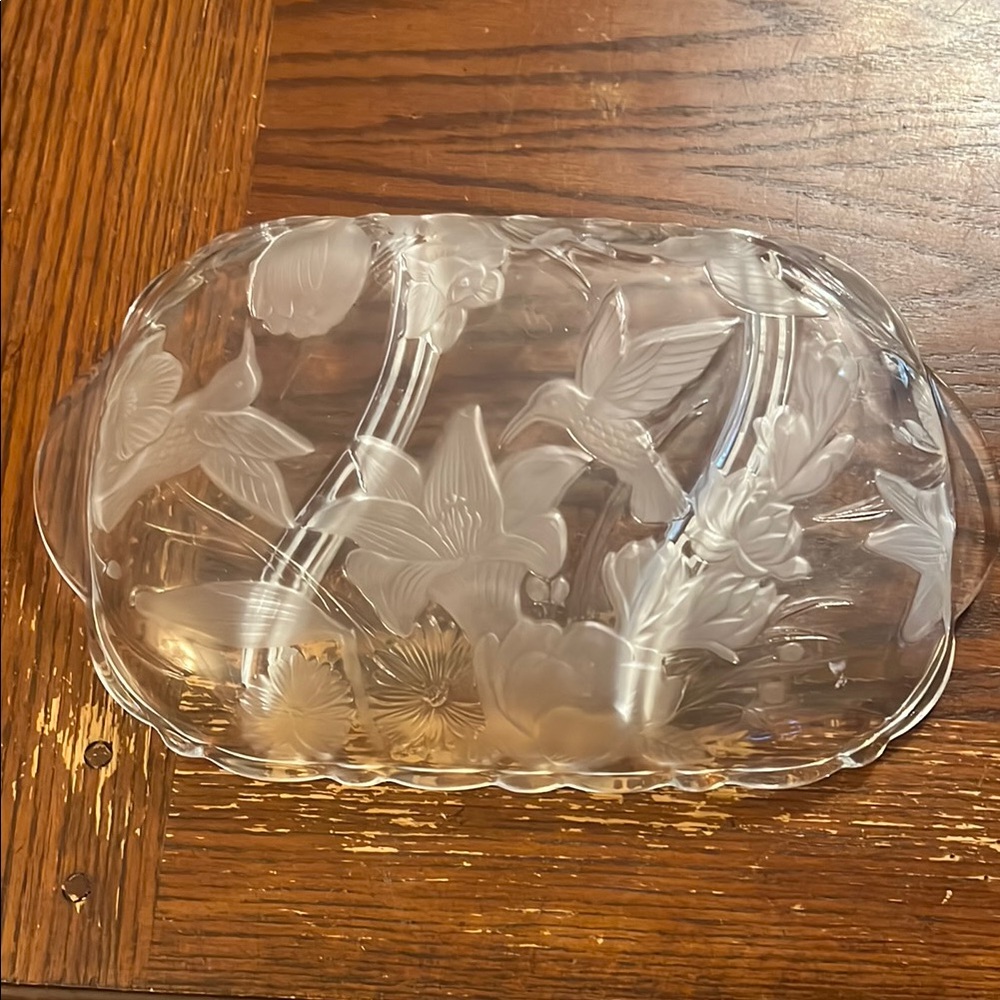 Vintage Elegant Hummingbird / flowers Clear Glass Floral Tray - Picture 2 of 4